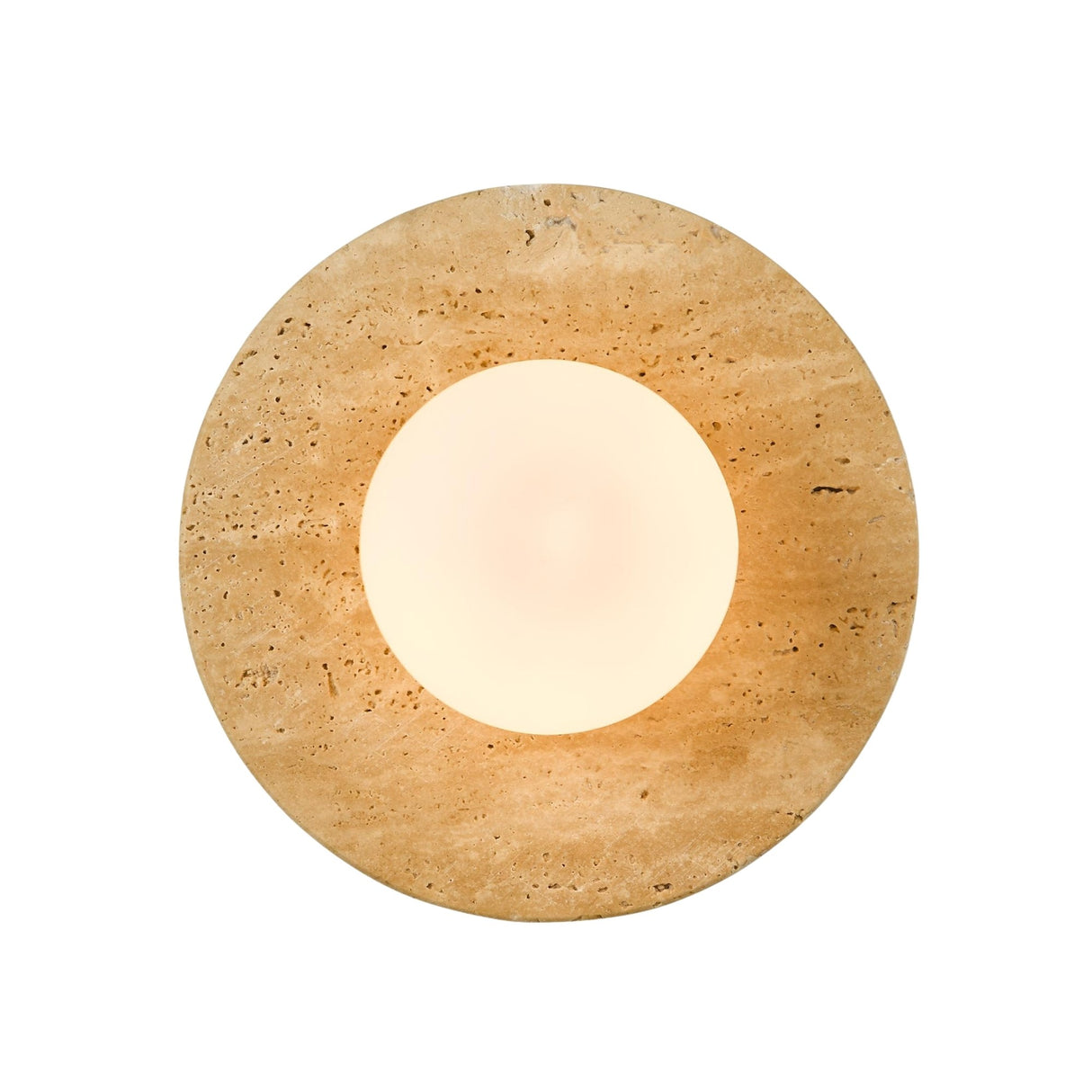 The Solenne 1 Light Disc Travertine Wall Light in light beige features a modern round design with a glowing central white light encased in a stone-textured frame, adding minimalist contemporary style to any space.