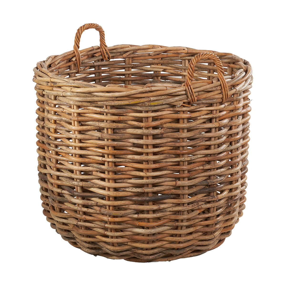 Round chunky rattan log basket in natural finish with two twisted rattan handles, woven wicker texture, shown on a plain white background.
