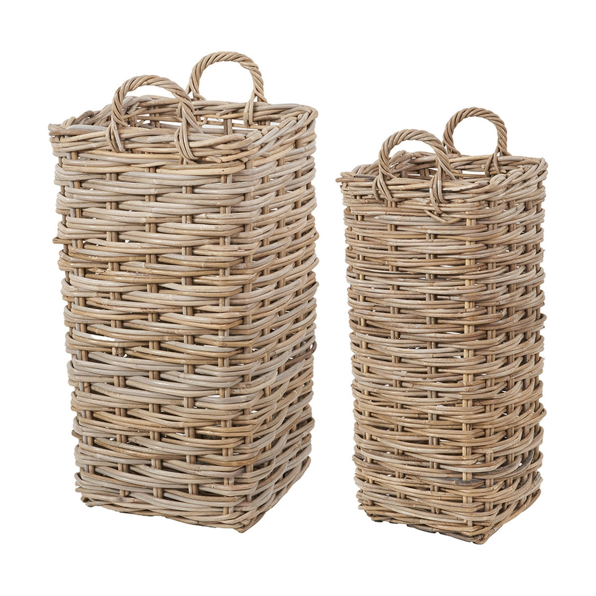 Set of two tall square woven Kubu rattan umbrella baskets in grey, tapered handles, on a plain white background.
