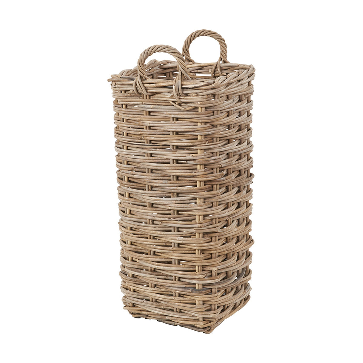 Tall rectangular Kubu rattan umbrella basket in grey, woven with two loop handles at the rim, shown against a plain white background.