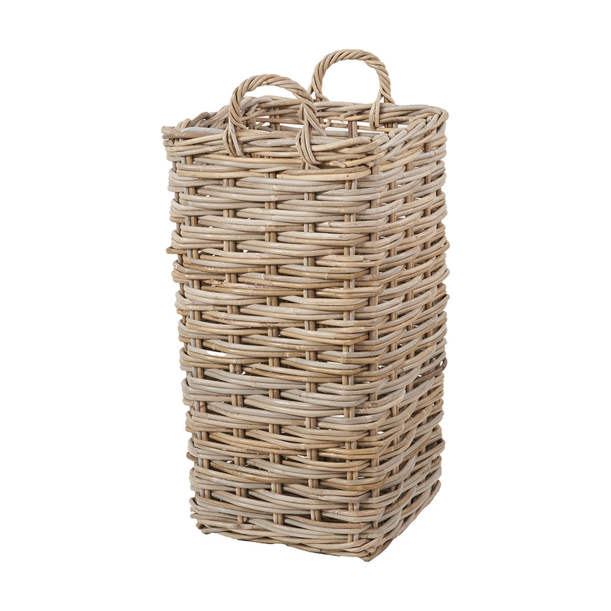 Tall square Kubu rattan umbrella basket in grey with woven handles at the top, shown against a plain white background.