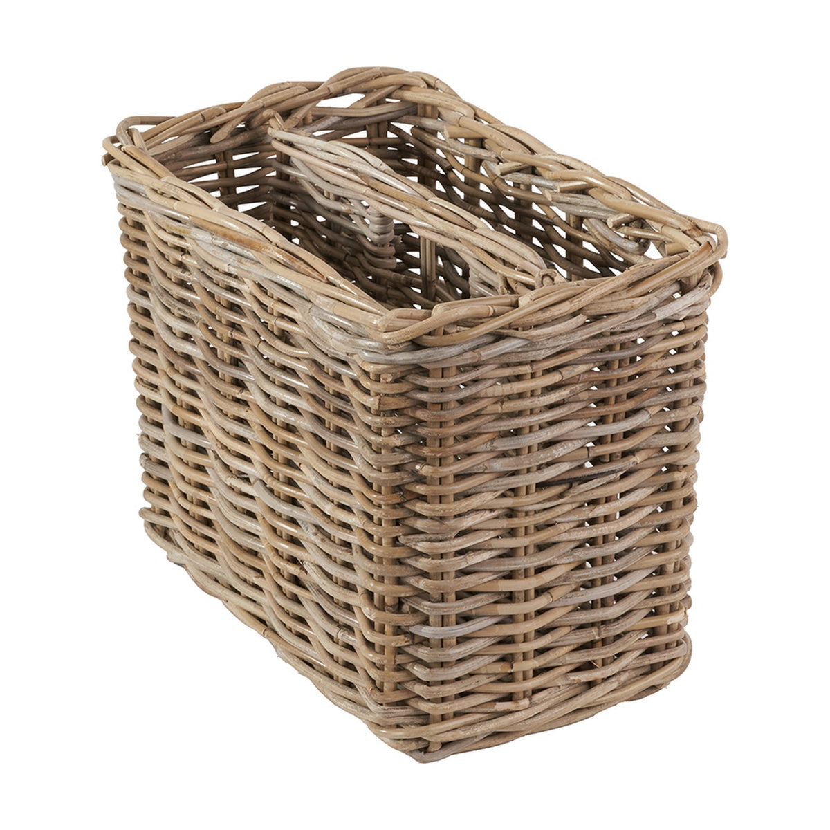 Tobs Grey Kubu Rattan Magazine Basket, 30cm, a rectangular woven storage basket with a central divider, shown on a plain white background.