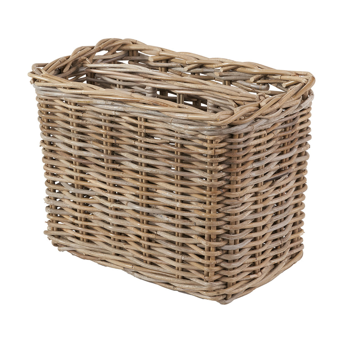 Tobs Grey Kubu Rattan Magazine Basket, 30cm tall rectangular woven storage basket with two cut-out handles, shown against a plain white background.