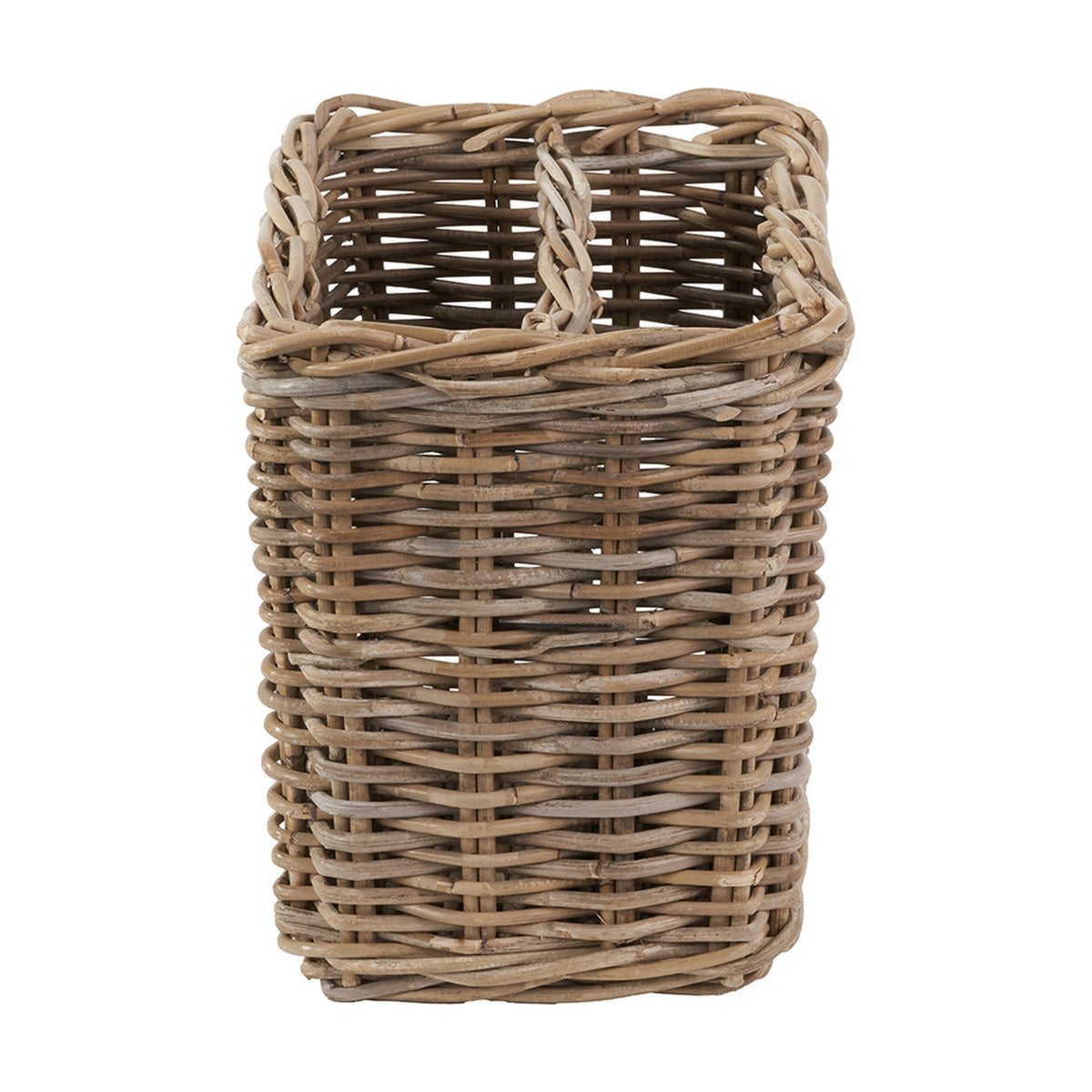 Tobs Grey Kubu Rattan Magazine Basket, 30cm tall woven storage basket with two loop handles, tapered square shape, on a plain white background.