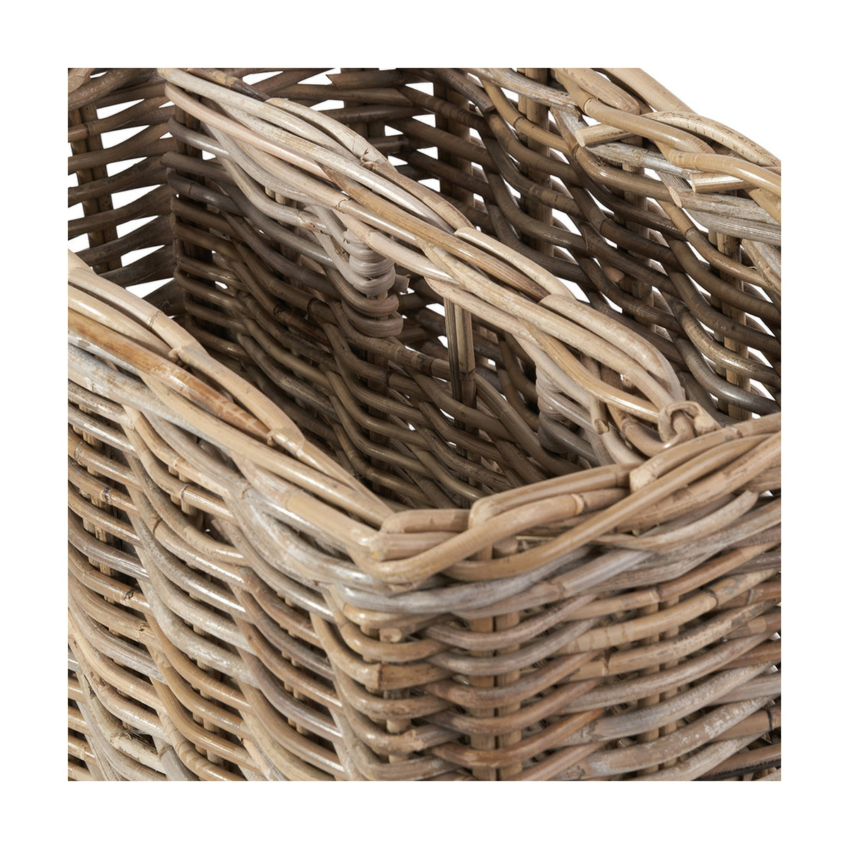 Close-up of the Tobs Grey Kubu Rattan Magazine Basket, 30cm, showing woven rattan texture, divider, and grey-toned finish on a plain white background.