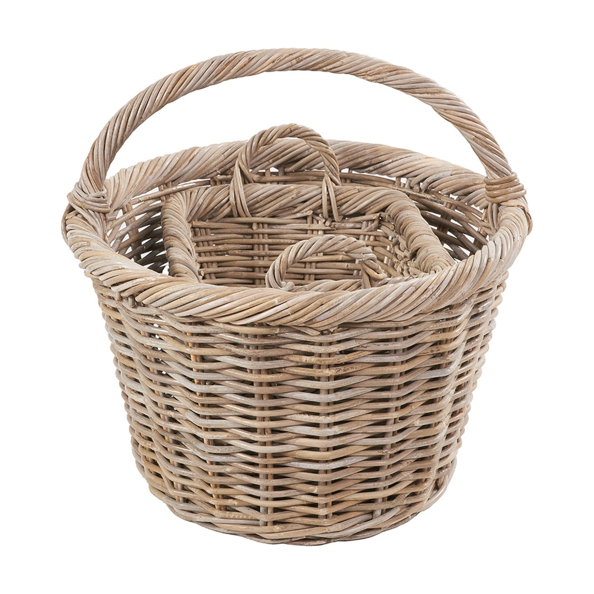 Grey Kubu rattan oval shopping basket with woven twisted handle and nested smaller baskets inside, shown on a plain white background.