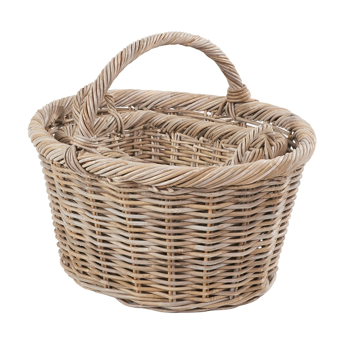 Oval grey Kubu rattan shopping basket with woven twisted rim and tall looped carry handle, shown on a plain white background.