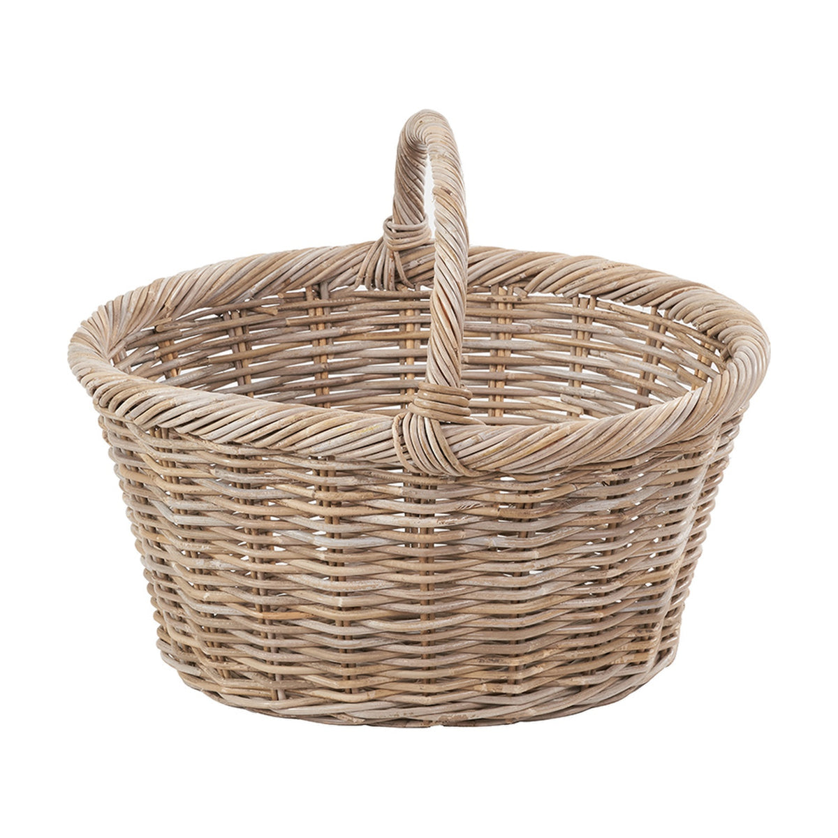 Oval grey Kubu rattan shopping basket with a woven handle and twisted rim detail, shown on a plain white background.