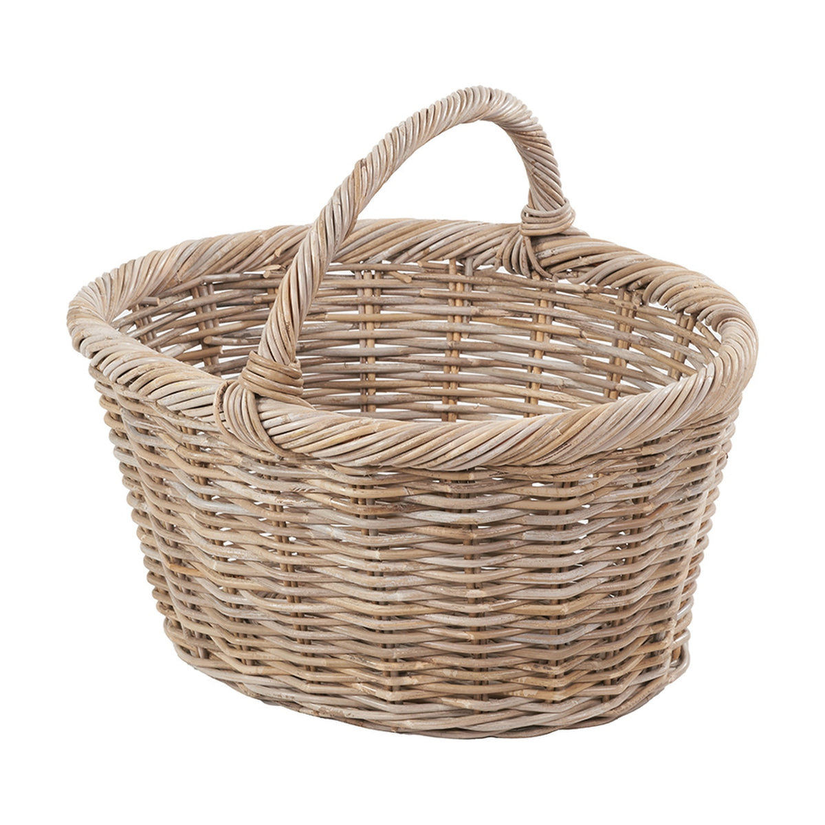Oval Kubu rattan shopping basket in soft grey with woven handle and ribbed rim, shown on a plain white background.