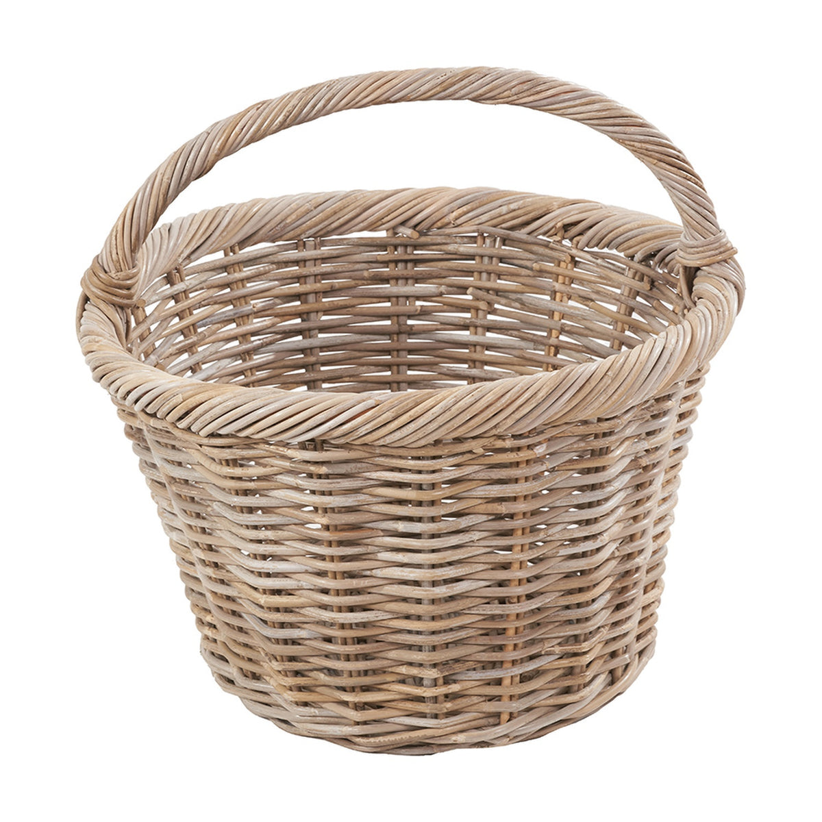 Round woven grey Kubu rattan basket with a tall arched carry handle and twisted rim detail, shown on a plain white background.