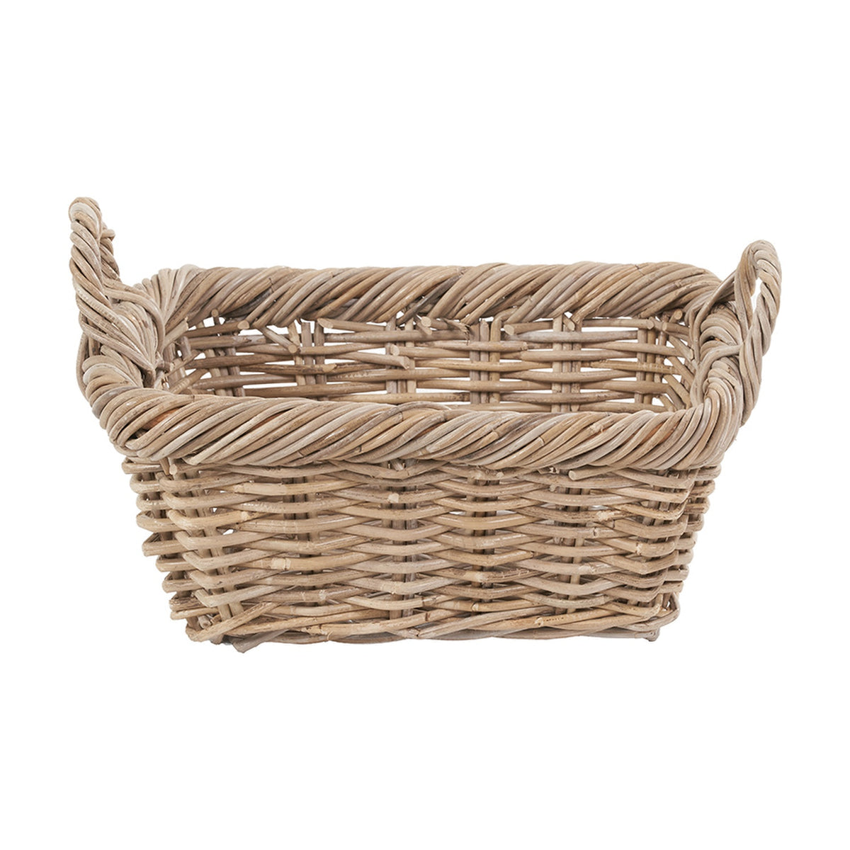 Grey Kubu rattan oval shopping basket with twisted rim and two woven side handles, shown on a plain white background.