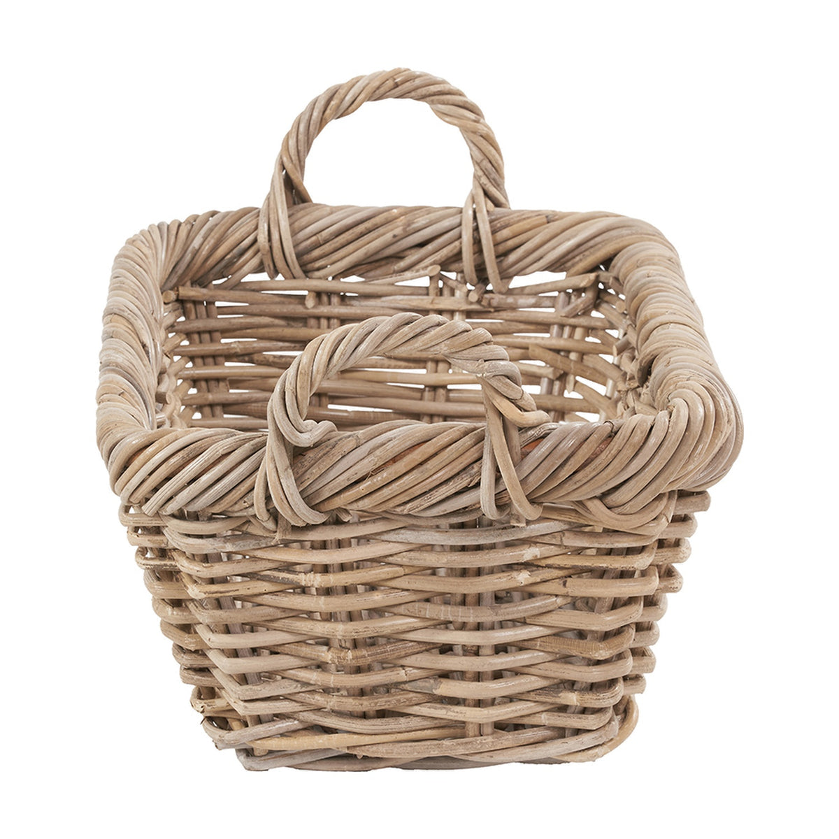 Square woven grey Kubu rattan basket with twisted rim detail and a looped carry handle, shown on a plain white background.