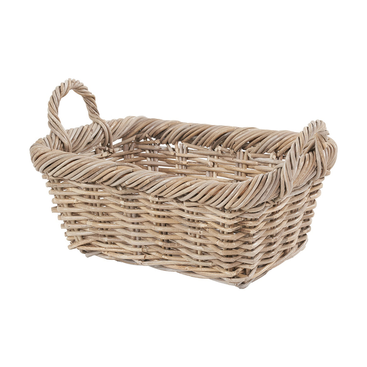 Rectangular grey Kubu rattan storage basket with woven twisted rim and looped side handles, shown on a plain white background.
