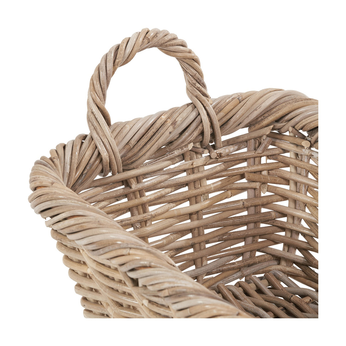 Close-up of a grey Kubu rattan oval shopping basket, showing a twisted woven handle and open weave sides, on a plain white background.