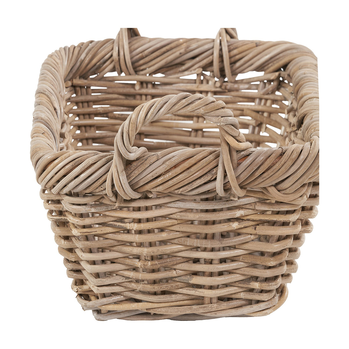 Square woven Kubu rattan shopping basket in grey, with twisted double handles and ribbed rim detail, shown on a plain white background.
