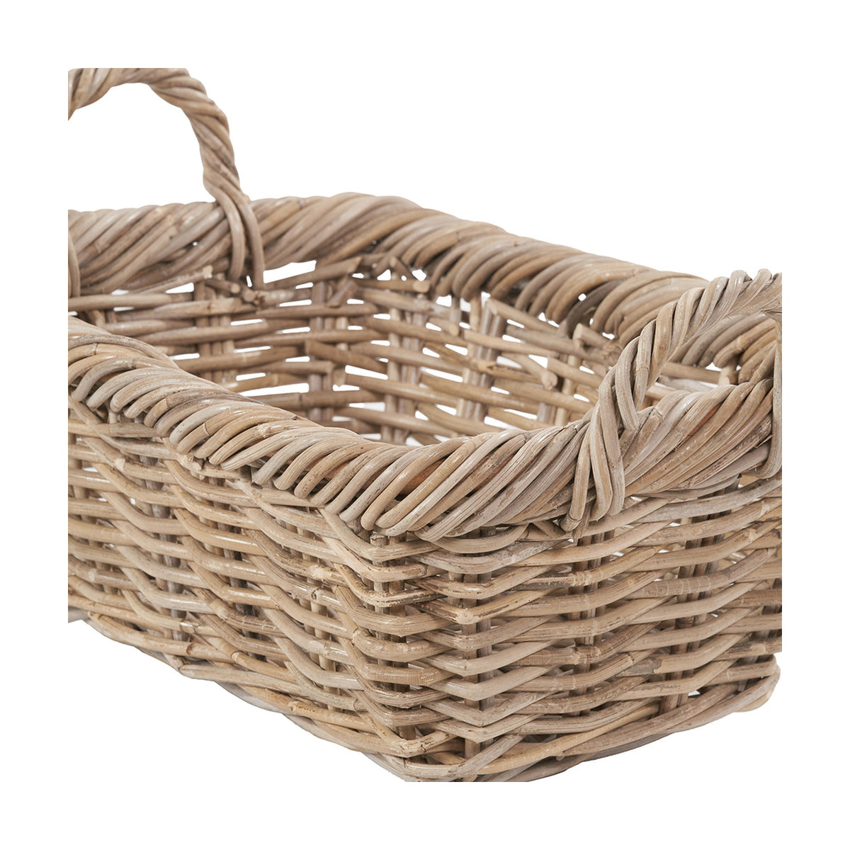Close-up of the Tobs grey Kubu rattan oval shopping basket, showing woven rattan texture, curved handle, and twisted rim detail against a white background.