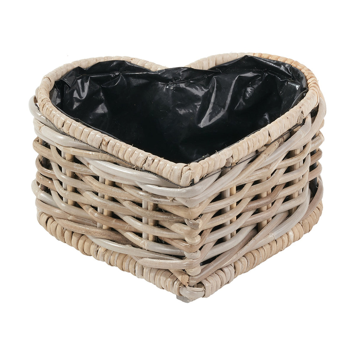 Heart-shaped woven grey Kubu rattan basket planter with a black plastic liner, shown on a plain white background.