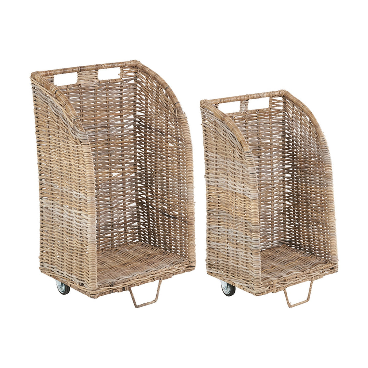 Set of 2 tall grey Kubu rattan log basket trolleys with woven finish and castor wheels, shown on a plain white background.