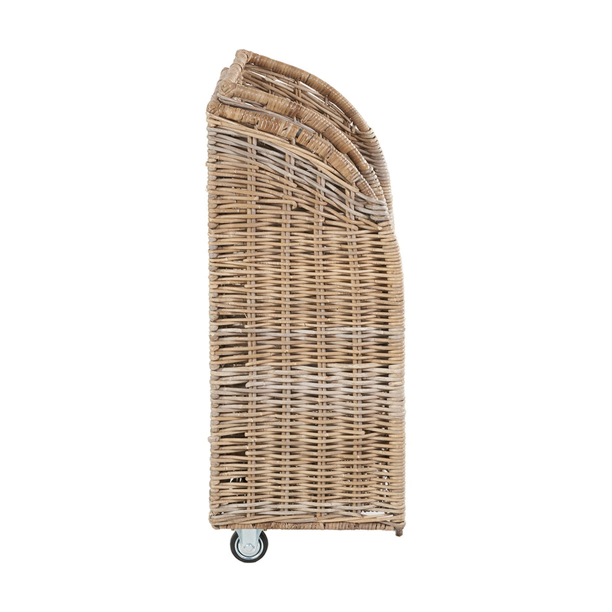 Side view of a tall grey Kubu rattan log basket trolley with a curved top edge, woven texture, and castor wheels, shown on a plain white background.