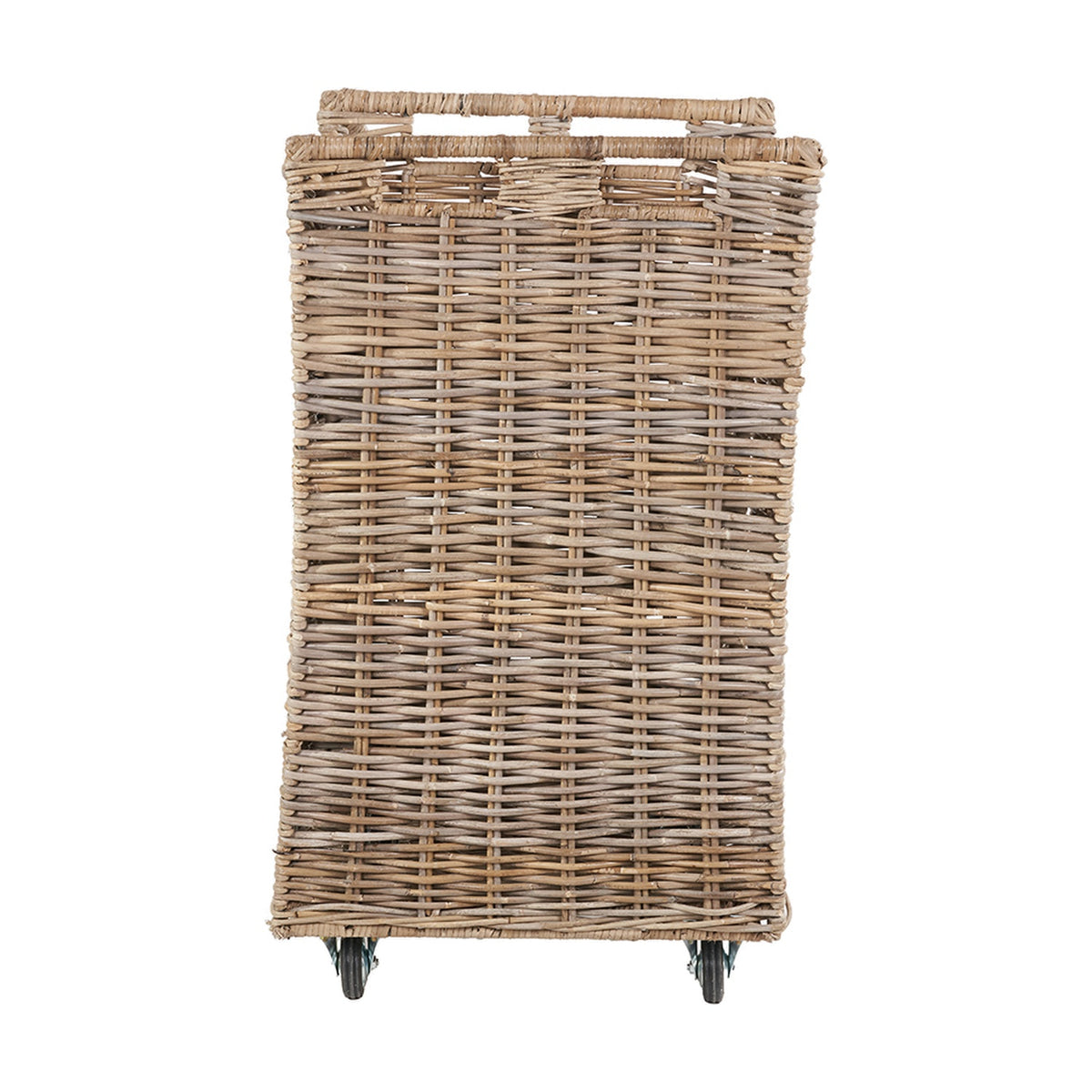 Tall grey Kubu rattan log basket trolley with tapered woven sides, carry handles, and castor wheels at the base, shown on a plain white background.