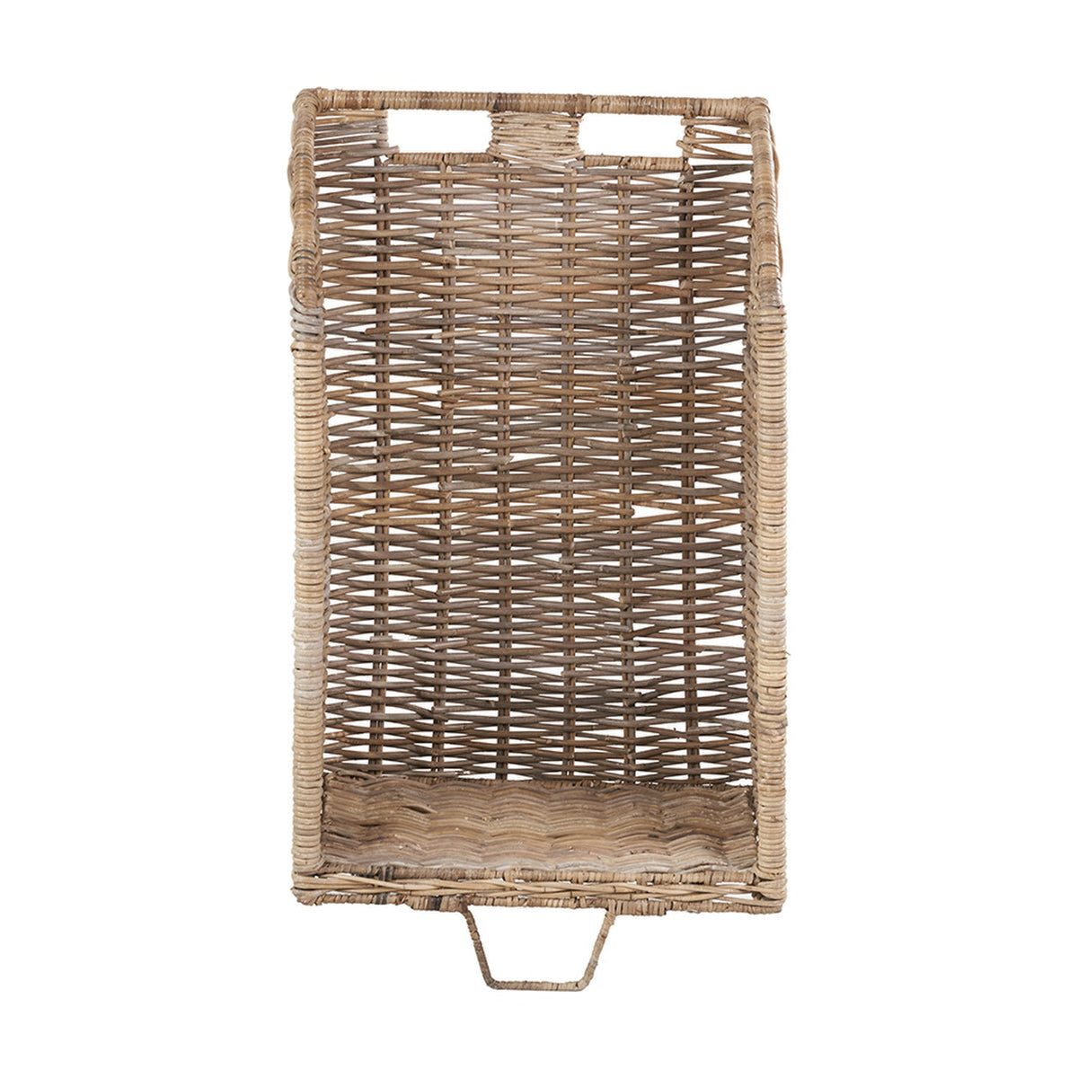 Rectangular grey Kubu rattan log basket with woven sides, open top with cut-out handles, and a base handle, shown on a plain white background.