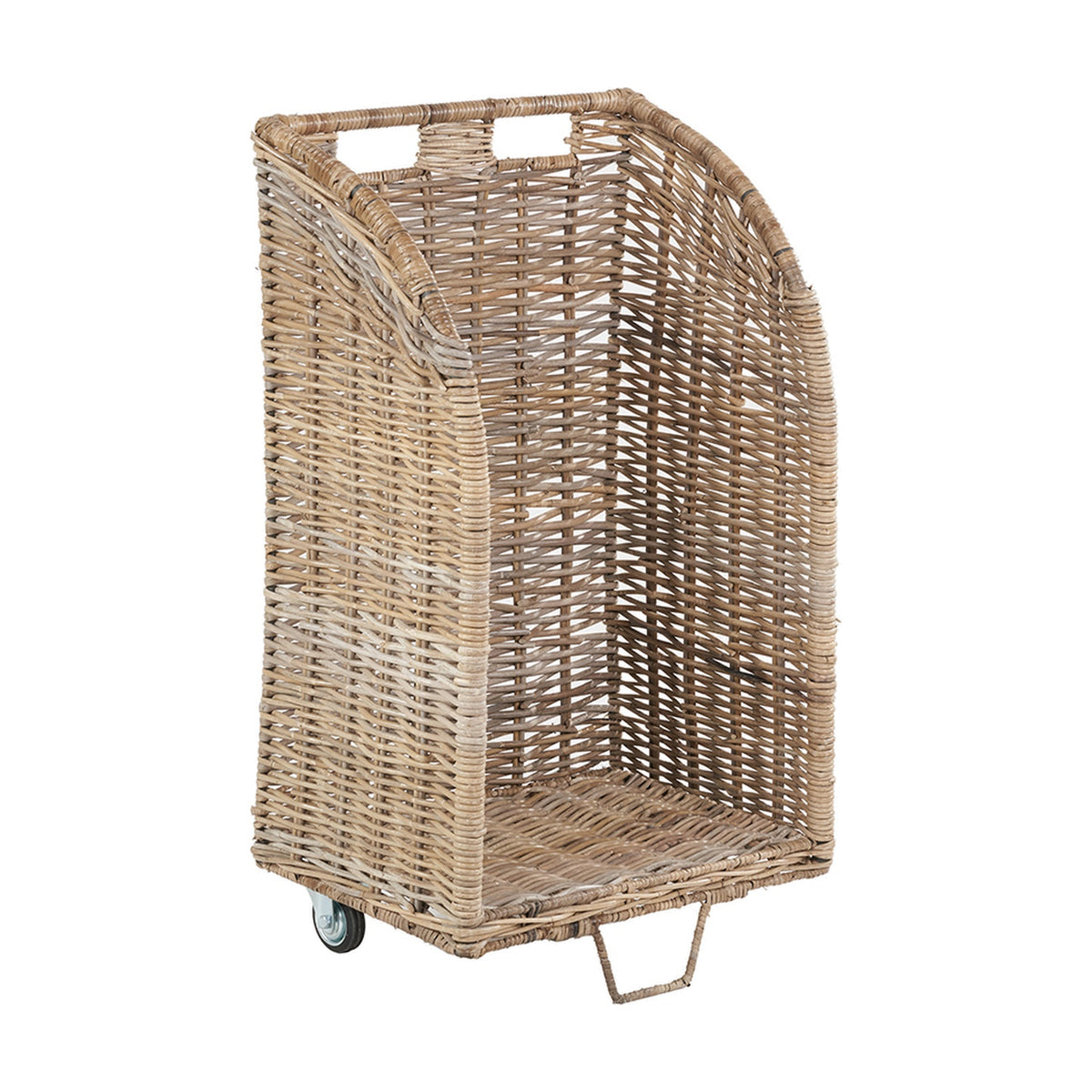 Tobs tall grey Kubu rattan log basket trolley with an open woven body, curved top edge, cut-out handles and castor wheels, shown on a plain white background.