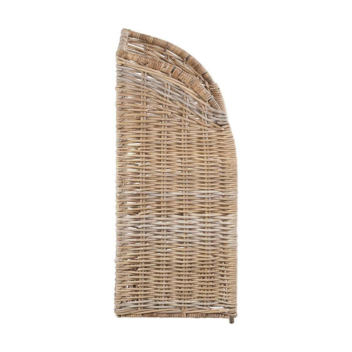 Side view of a Kubu rattan log basket with curved top edge and tightly woven grey-toned finish, shown on a plain white background.