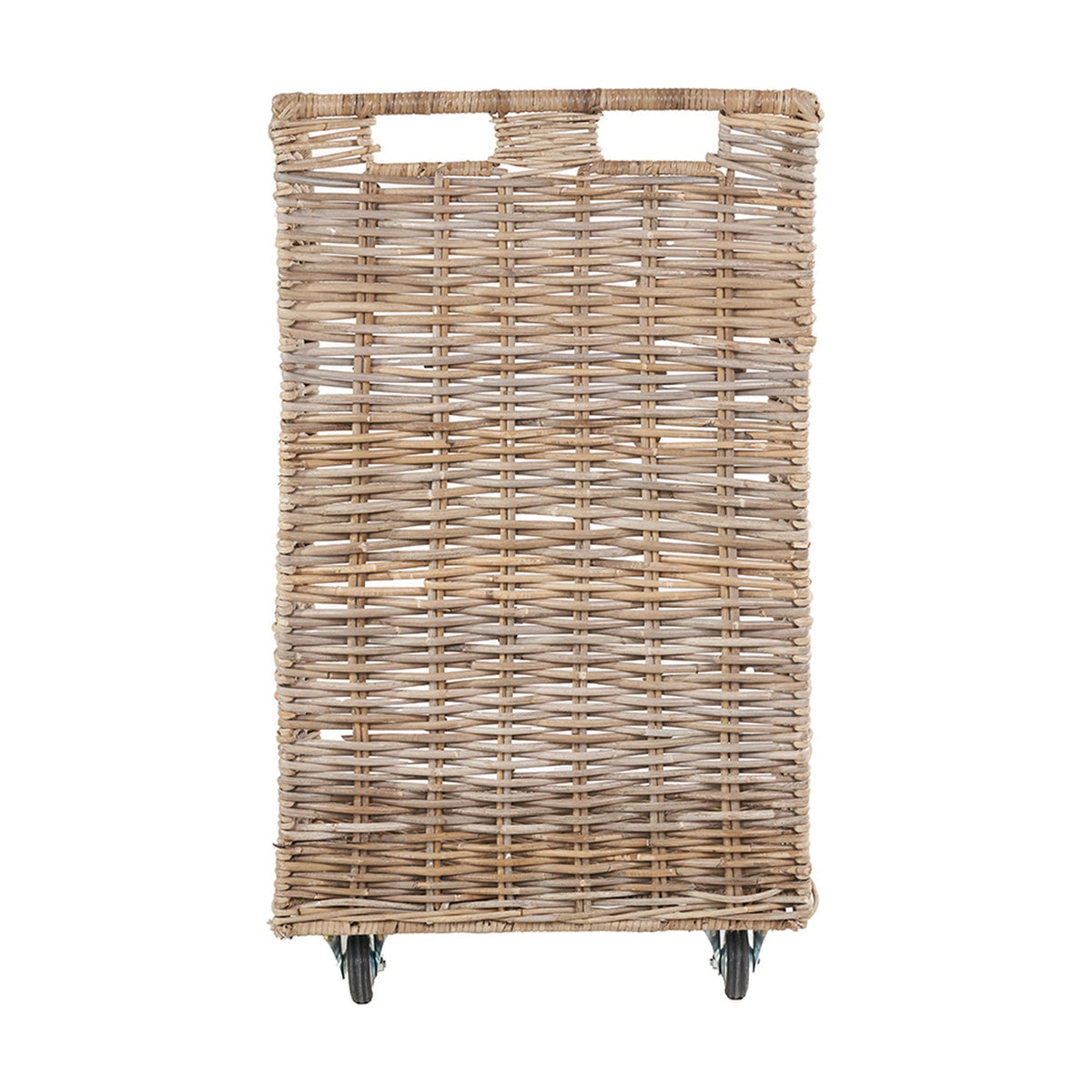 Tall rectangular grey Kubu rattan log basket trolley with two cut-out top handles and castor wheels at the base, shown against a plain white background.