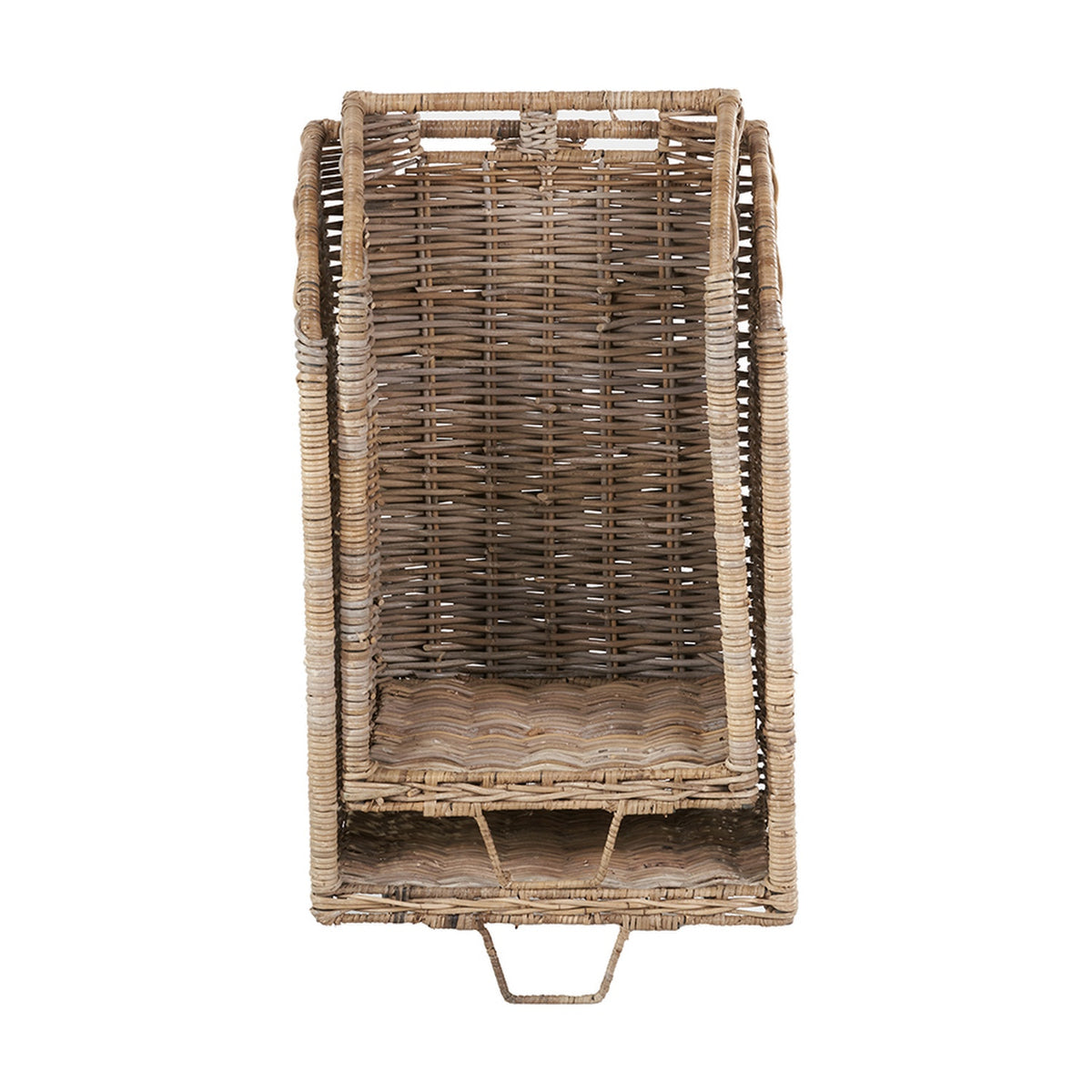 Tall grey Kubu rattan log basket trolley with woven sides, angled front pocket, and folding metal handle, shown on a plain white background.