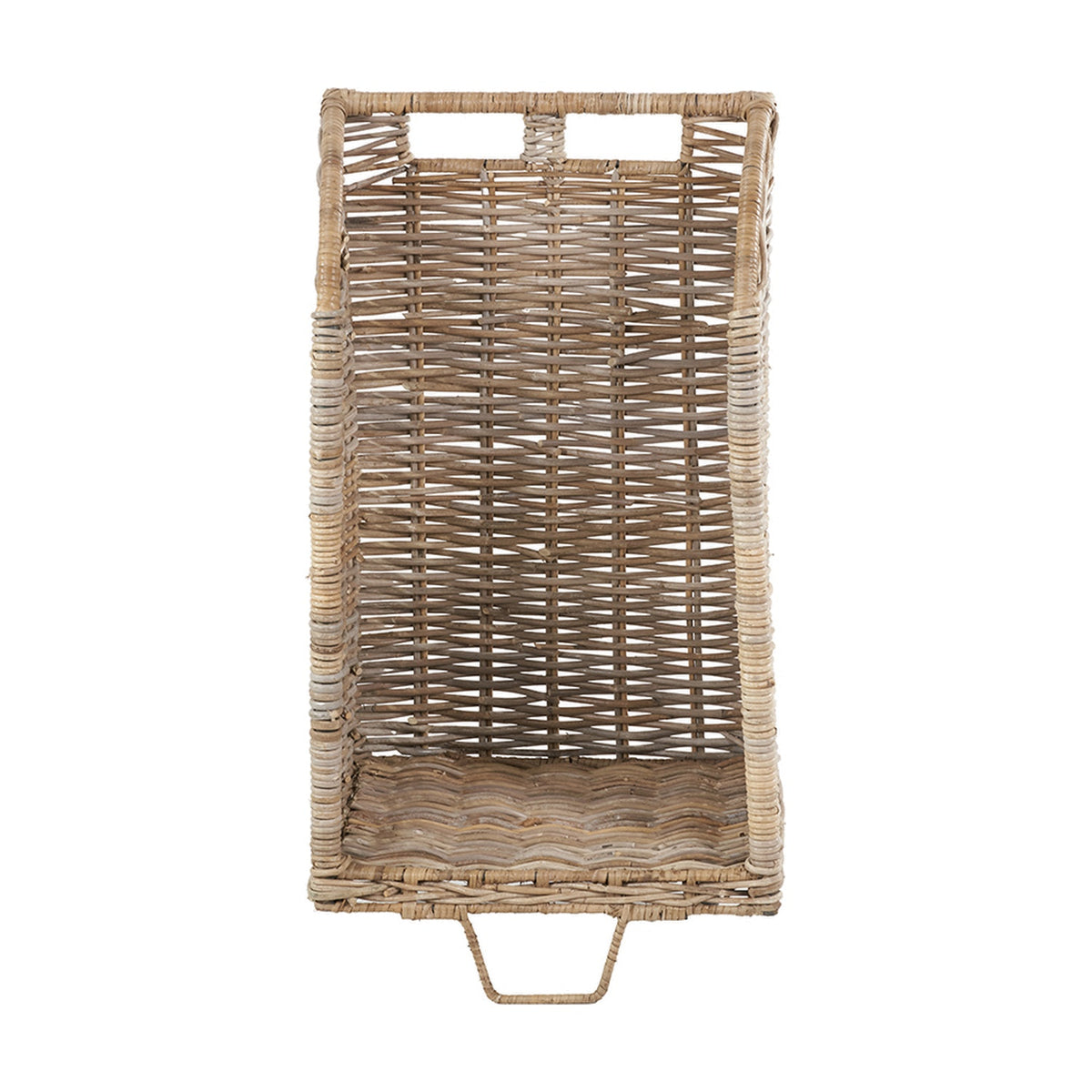 Rectangular grey Kubu rattan log basket with woven sides, open top handles, and a base handle, shown on a plain white background.