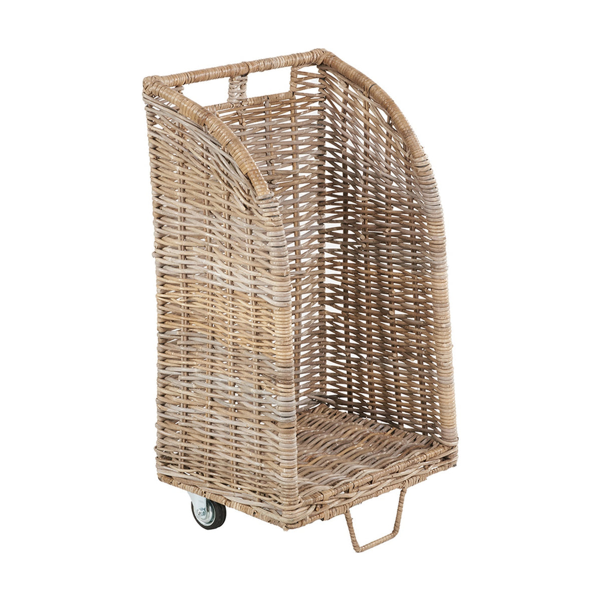 Tall grey Kubu rattan log basket trolley with curved high back, open front, and castors on one side, shown on a plain white background.