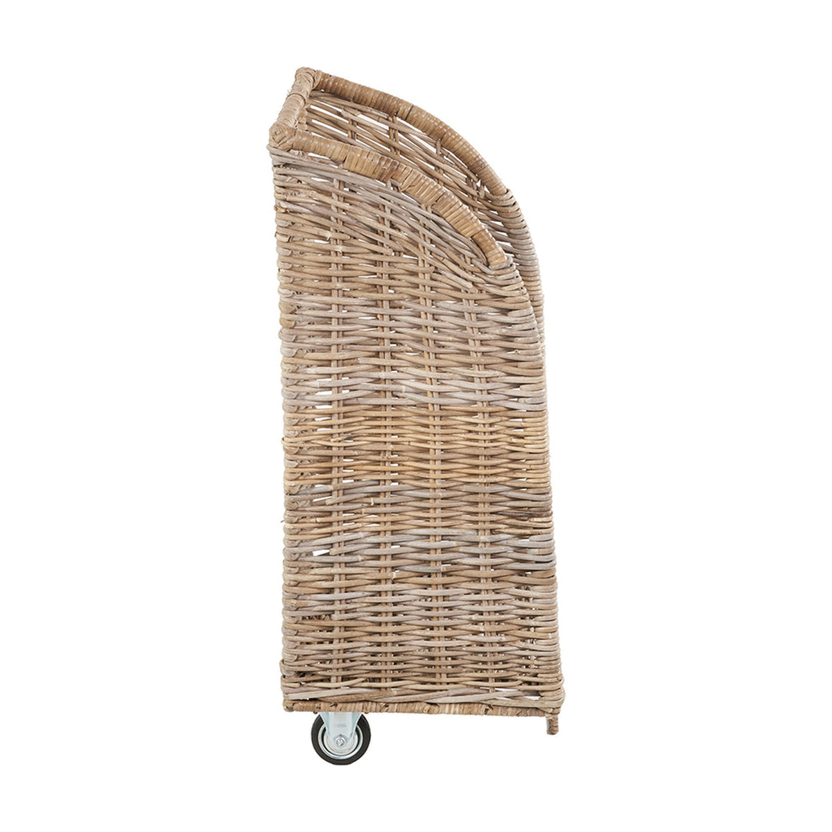 Tall grey Kubu rattan log basket trolley with a curved top edge, tightly woven sides, and a castor wheel base, shown on a plain white background.