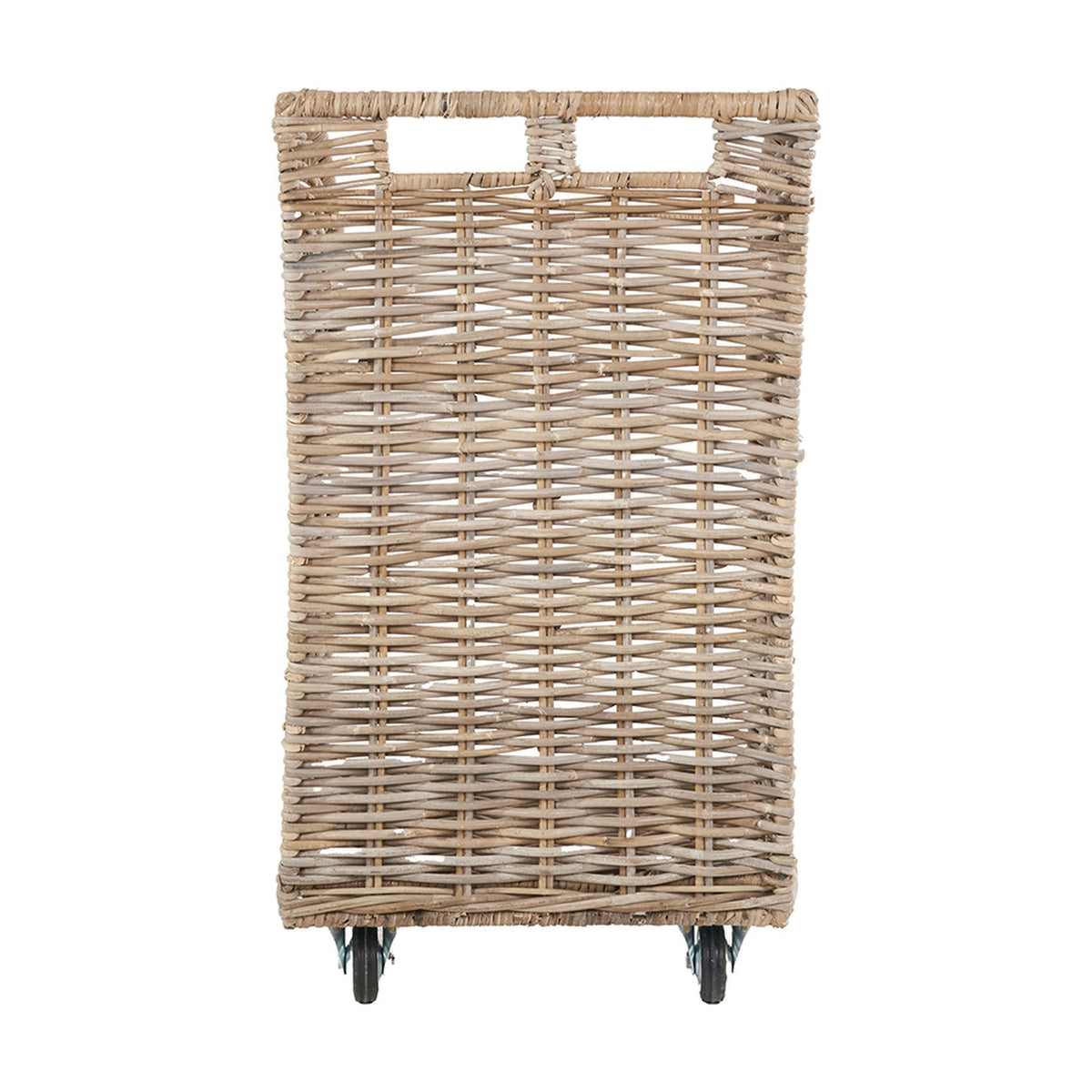 Tall grey Kubu rattan log basket trolley with two cut-out handles at the top and small black castors at the base, shown against a plain white background.