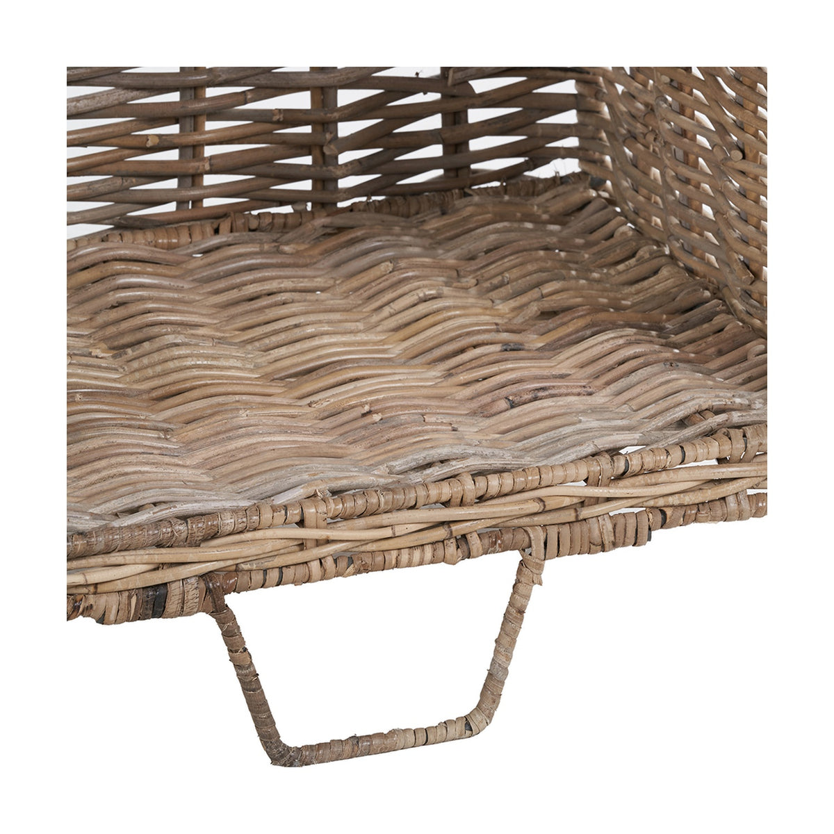 Close-up of a Kubu rattan log basket trolley in grey, showing woven wave-pattern base, wrapped rim, and wheeled bracket, on a plain white background.