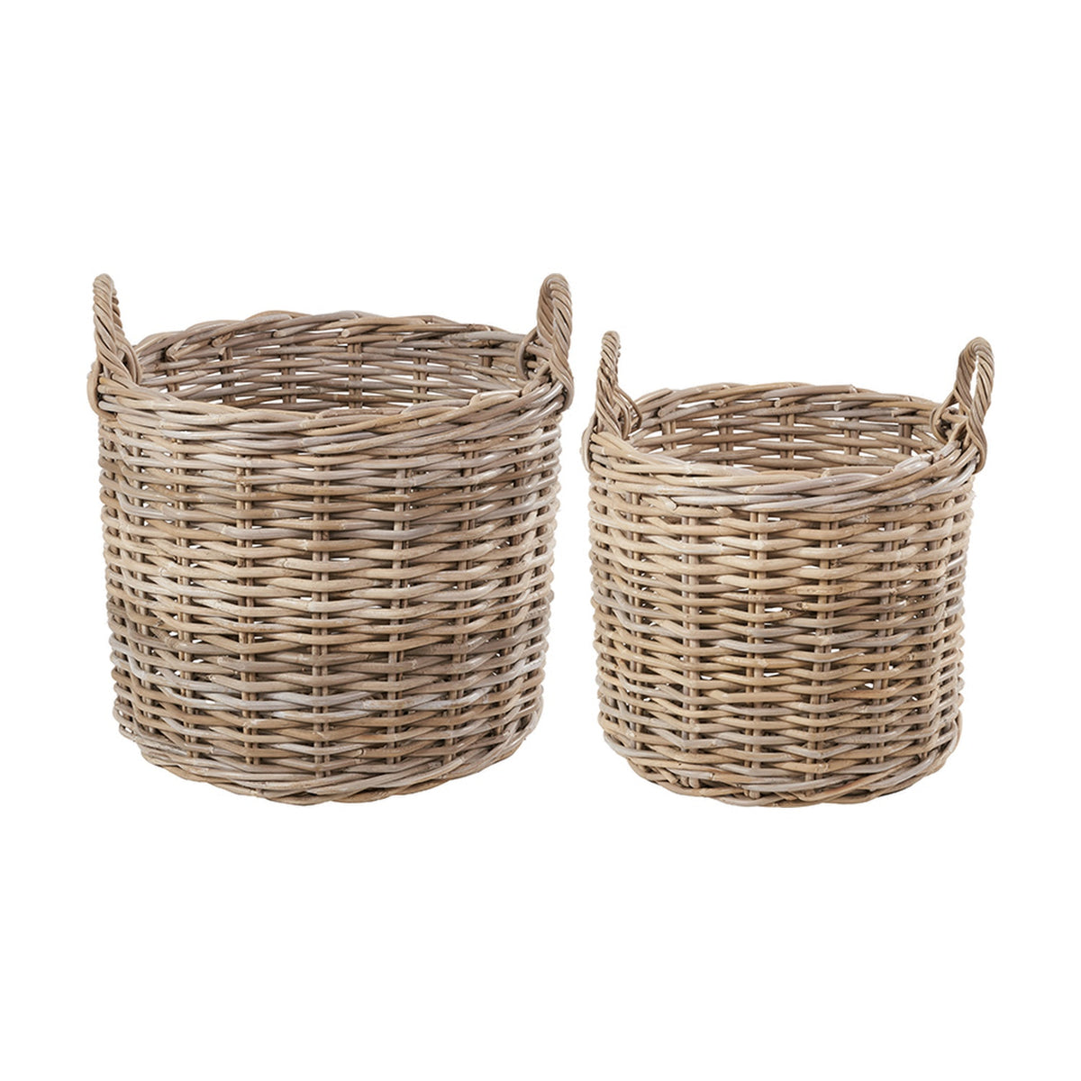 Tobs Set of 2 grey rattan round log baskets, 56cm, woven with looped side handles, shown in graduated sizes on a plain white background.