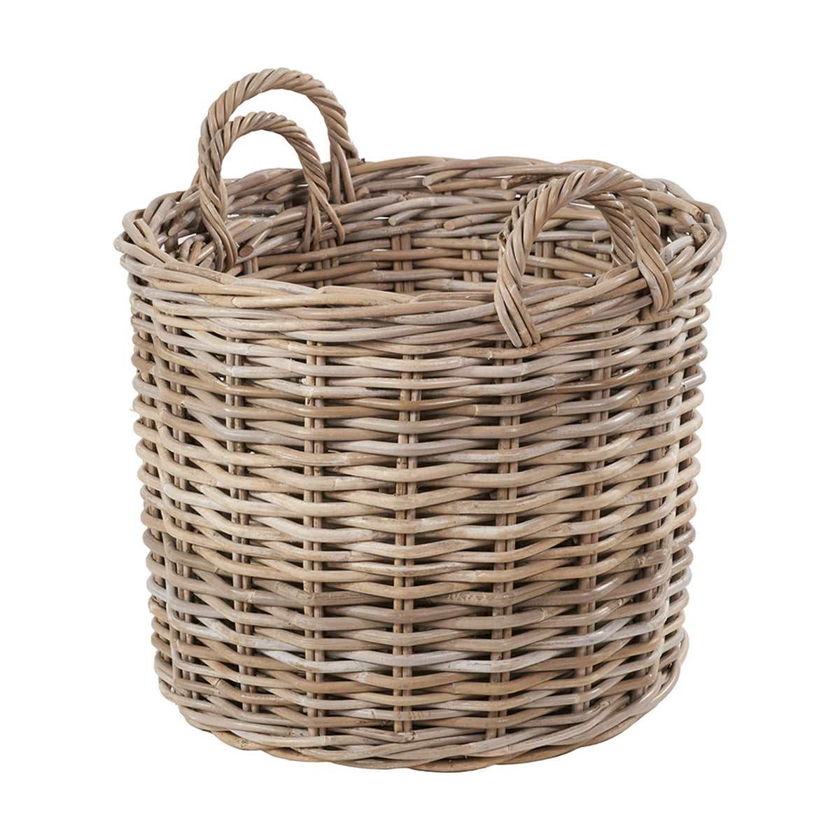 Round grey rattan log basket with two woven carrying handles, 56cm wide, shown on a plain white background.