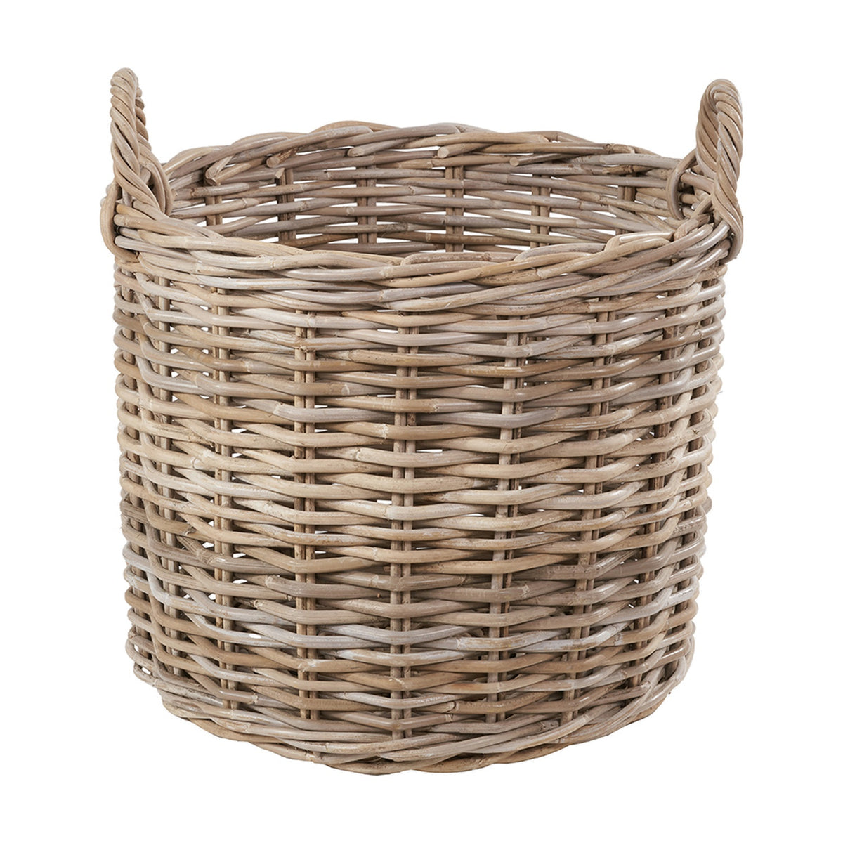Round grey rattan log basket, 56cm wide, with two woven side handles, shown on a plain white background.