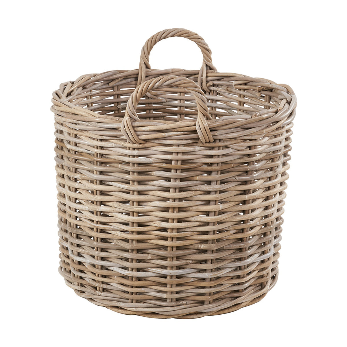 Round grey rattan log basket with two woven carry handles, tightly woven sides, and a flat base, shown on a plain white background.