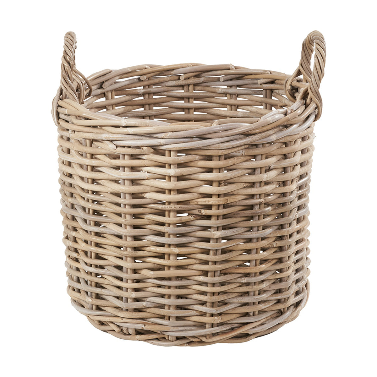 Round grey rattan log basket with woven twisted handles on each side, shown on a plain white background.