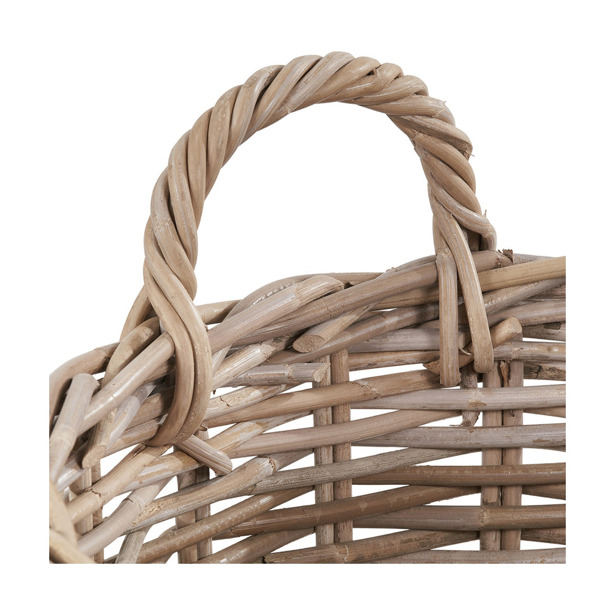 Close-up of a round grey rattan log basket from the Tobs set, showing a twisted woven handle and open weave sides against a plain white background.