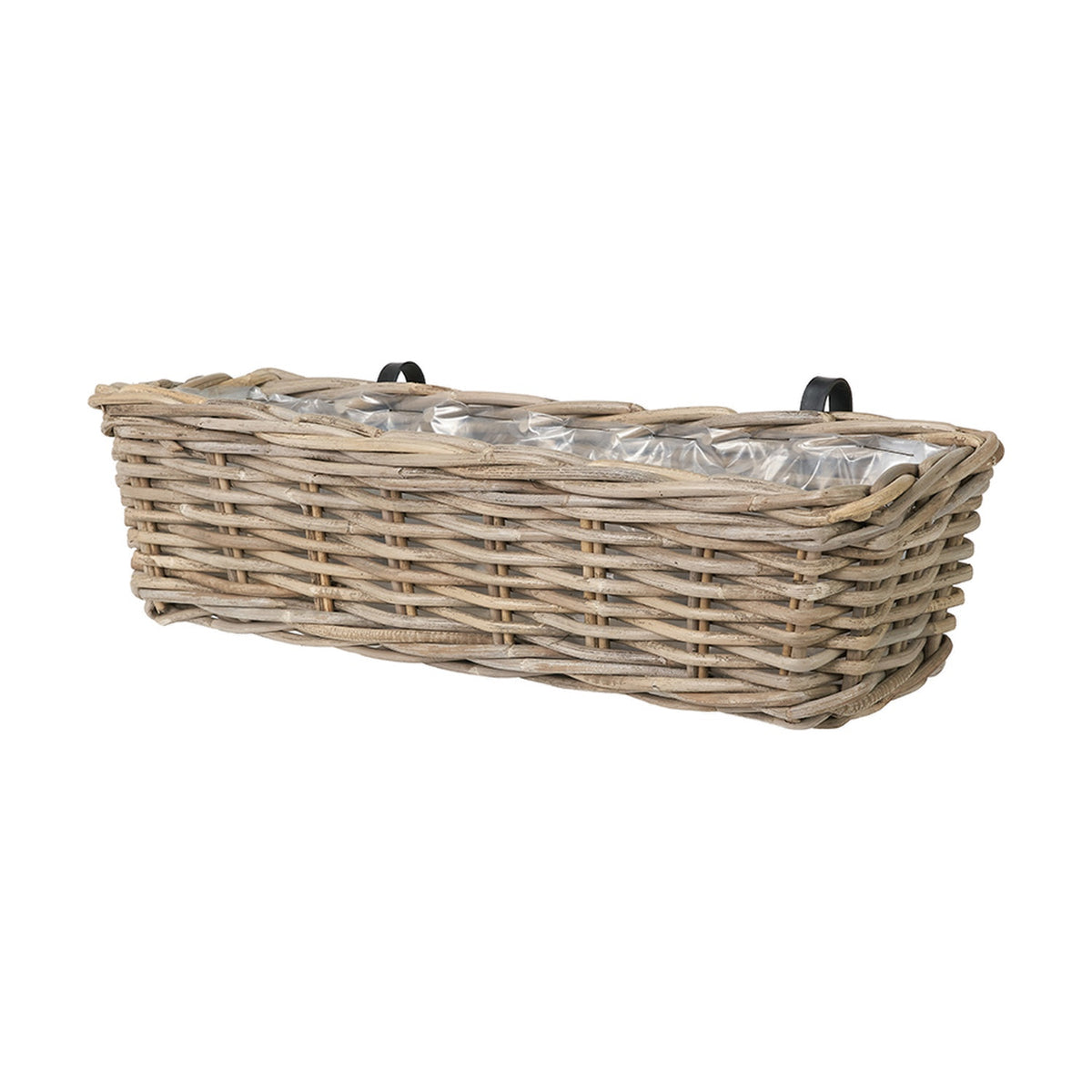 Rectangular grey Kubu rattan wall hanging trough planter with a woven finish, plastic liner, and black metal mounting brackets, shown on a plain white background.