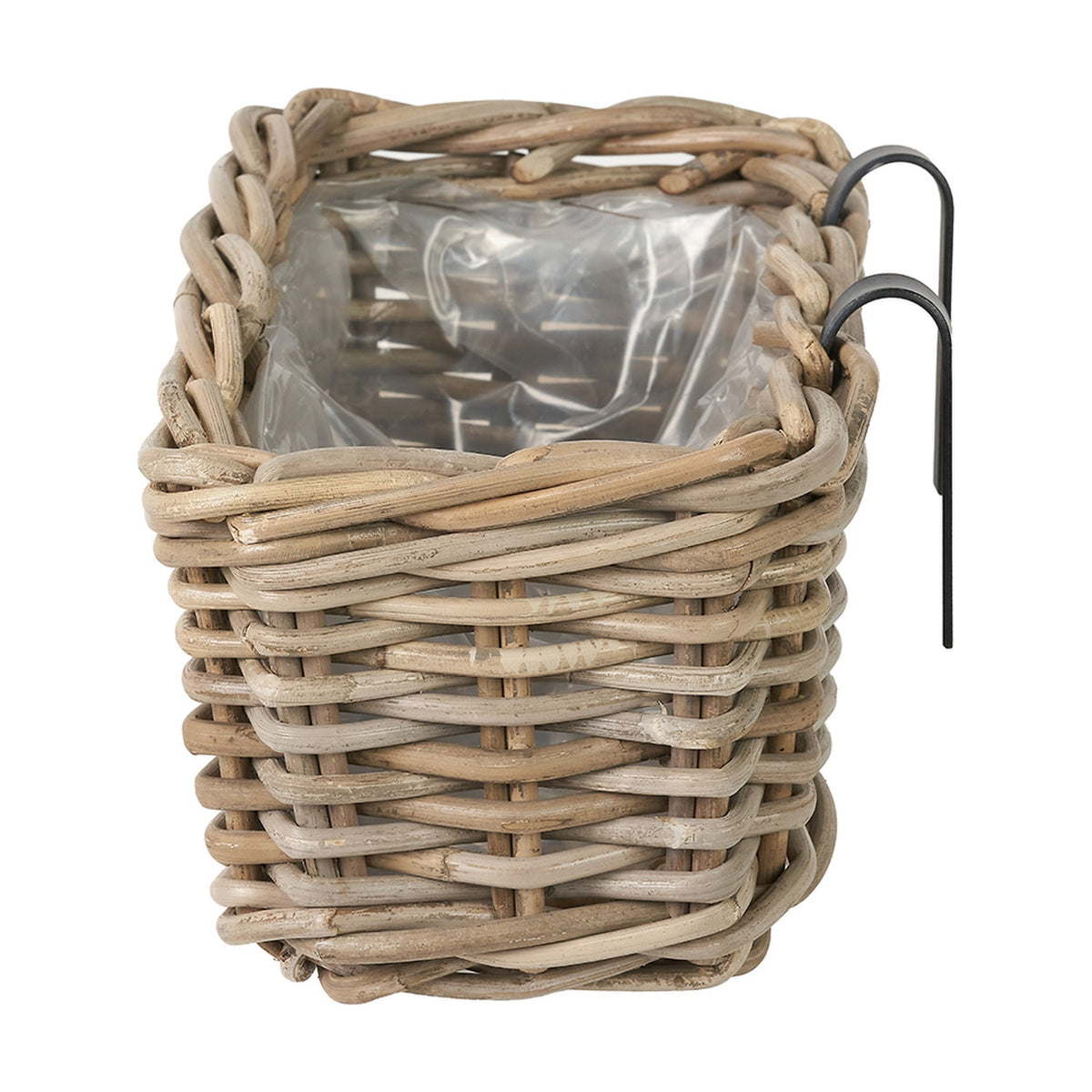 Grey Kubu rattan wall hanging trough planter with square woven basket, clear plastic liner, and black metal wall hooks, shown on a plain white background.