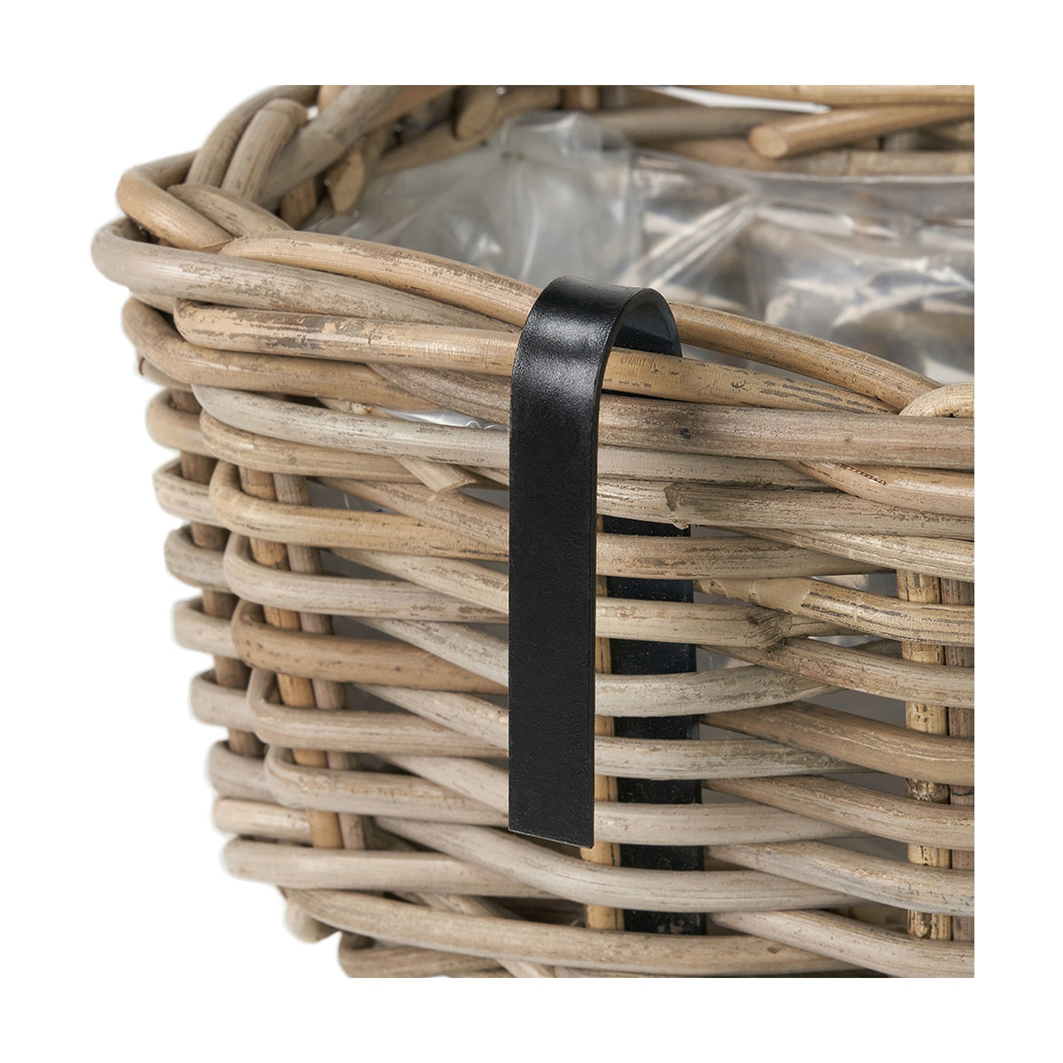 Close-up of the Tobs grey Kubu rattan wall hanging trough planter, showing woven rattan texture, plastic liner, and a black leather hanging strap.