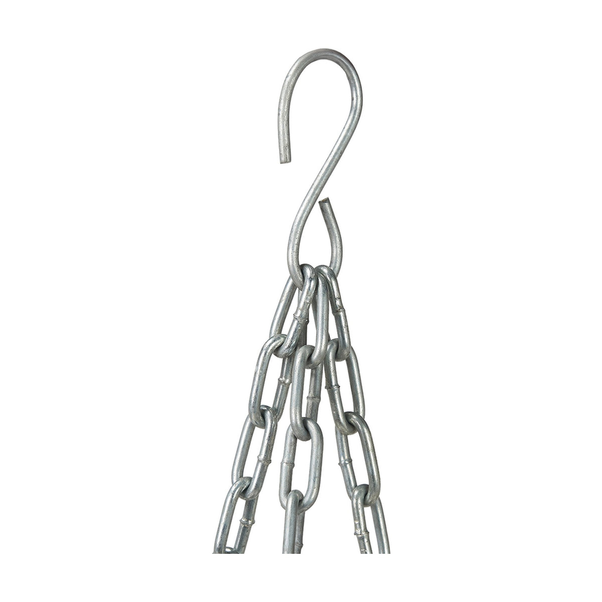 Grey Kubu rattan hanging basket planter, 35cm wide, suspended from a metal S-hook with multiple chains, shown against a plain white background.