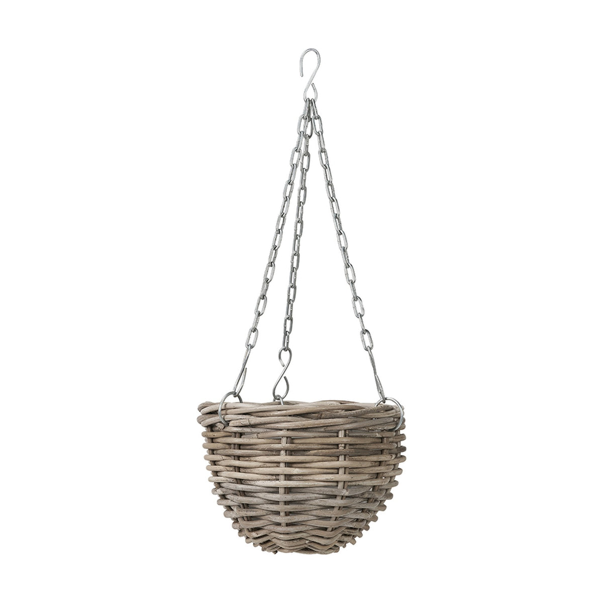 Grey Kubu rattan hanging basket planter, 25cm, with woven round body and triple metal chain leading to a hook, shown on a plain white background.