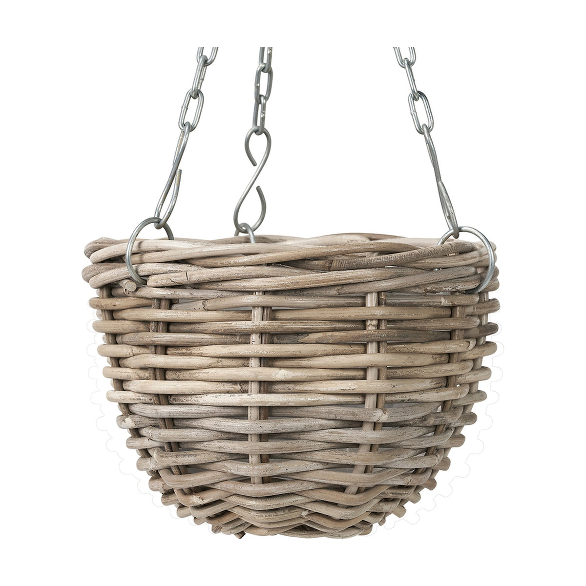 Grey Kubu rattan hanging basket planter, 25cm, woven round design with metal chain and hook fittings, shown against a plain white background.
