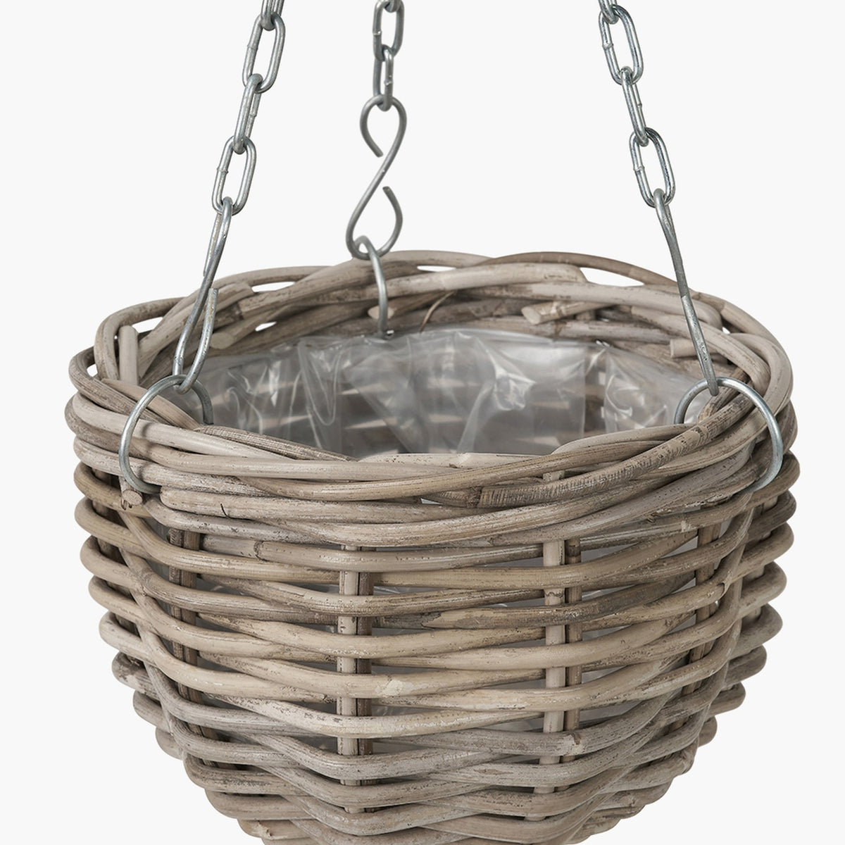 Grey Kubu rattan hanging basket, 25cm, woven round planter with plastic liner, suspended by triple steel chains, shown against a plain white background.