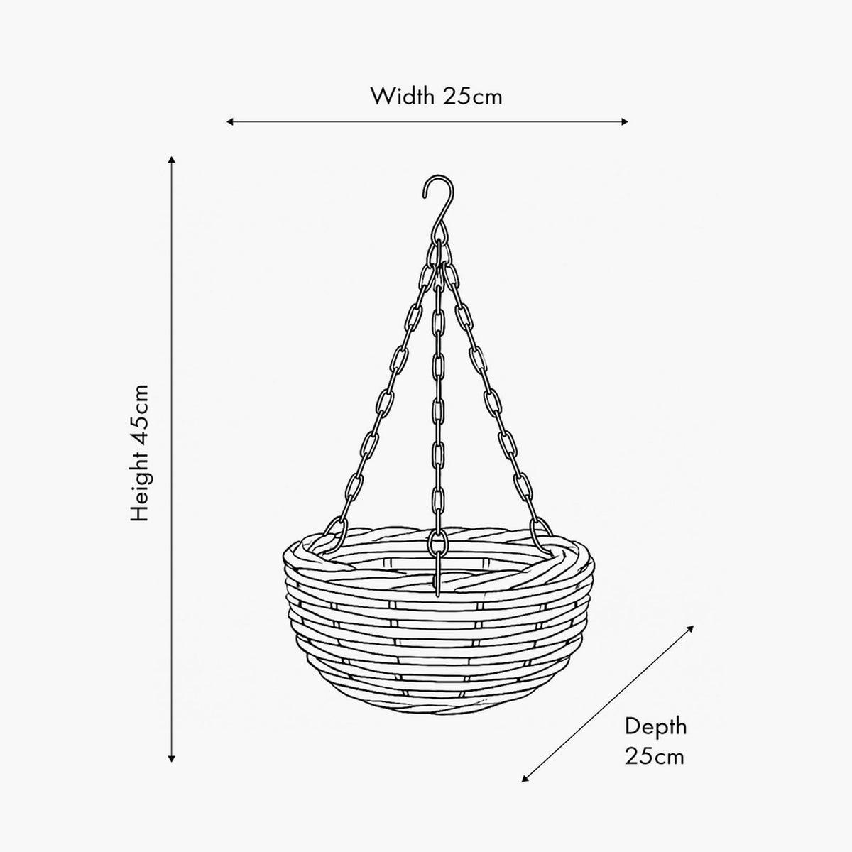 Line drawing of the Tobs grey Kubu rattan hanging basket with chain and hook, labelled 25cm width, 25cm depth and 45cm height on a white background.