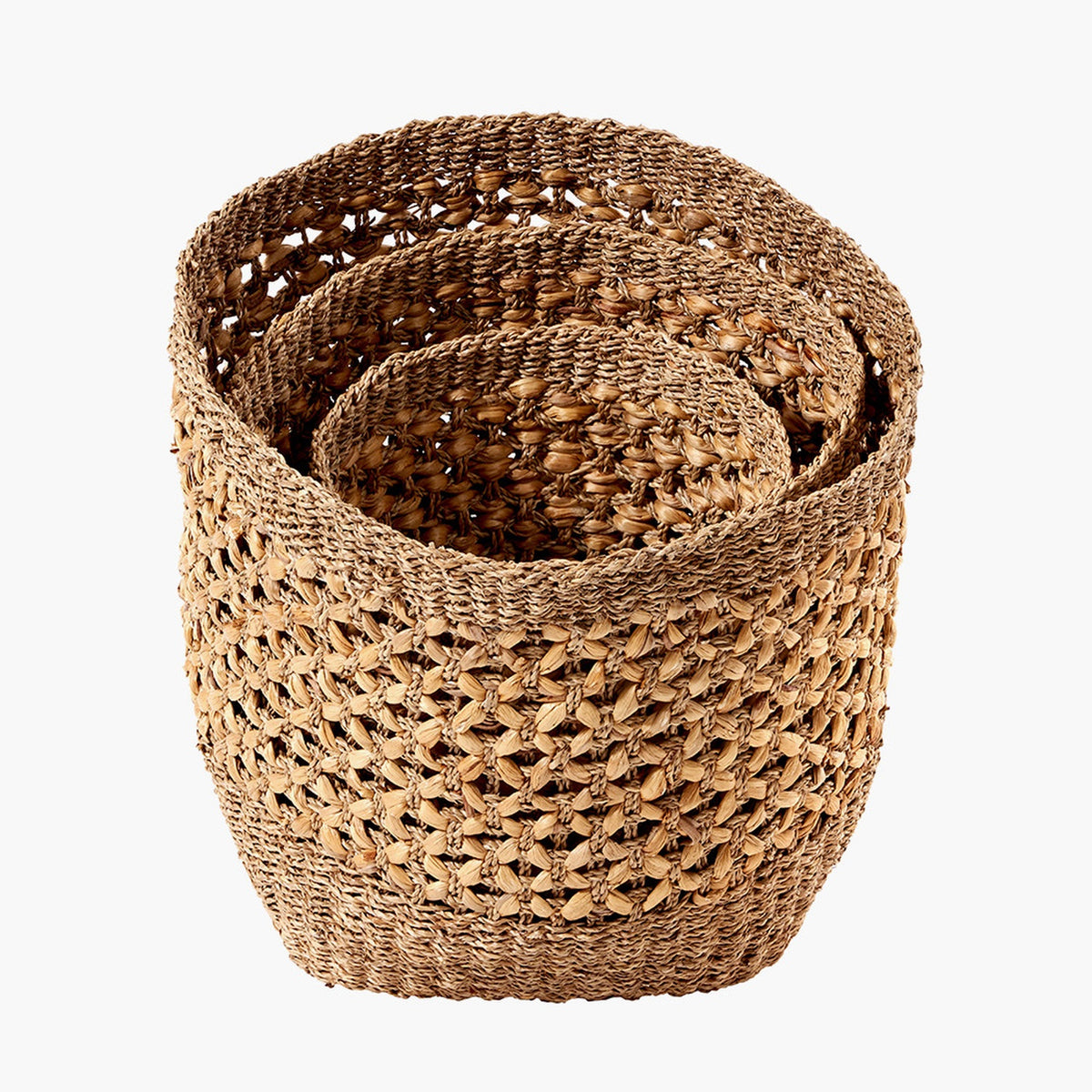 Set of 3 nested tall storage baskets in natural seagrass and water hyacinth, 43cm, open-weave sides, shown on a plain white background.
