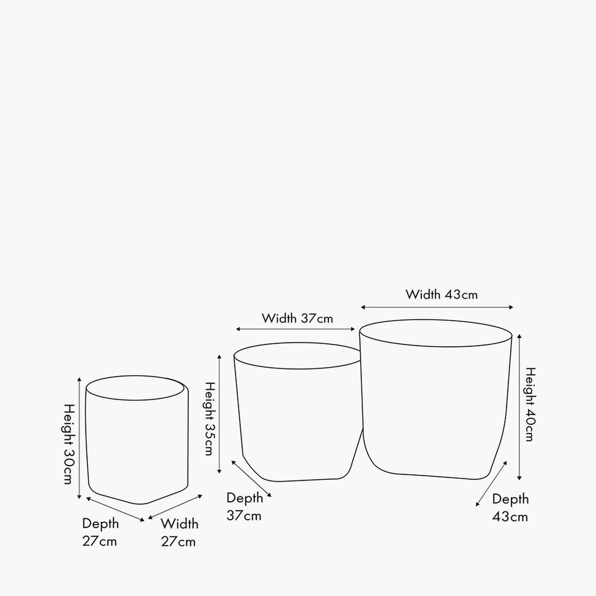 Line drawing of three round tall baskets in graduated sizes with dimensions labelled: 30cm, 35cm, and 40cm heights with matching widths and depths, on a plain white background.